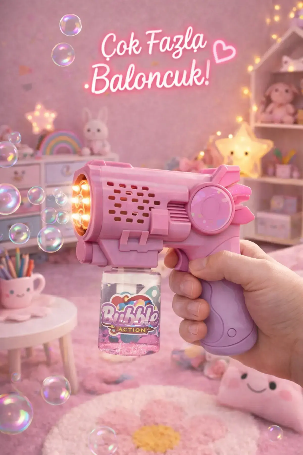 Pembe Işıklı Çoklu Baloncuk Yapmak İçin Otomatik Bubble Gun