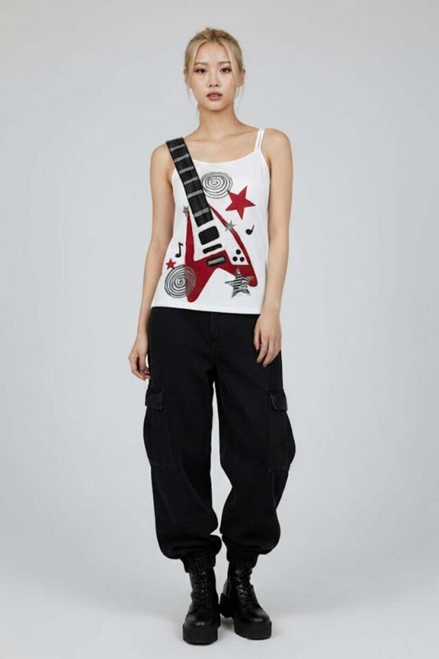 Beyaz Guitar Askılı Y2K Askılı Crop