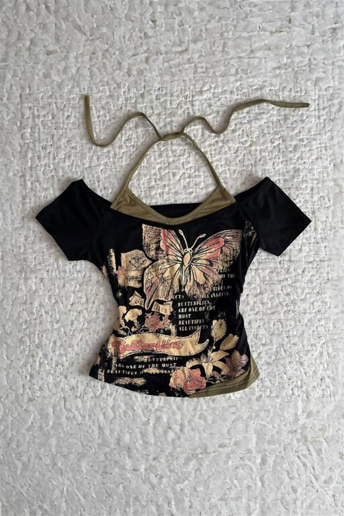 Siyah Butterfly Madonna Yaka Ek Askılı Y2K Kısa Kollu Full Body Bluz