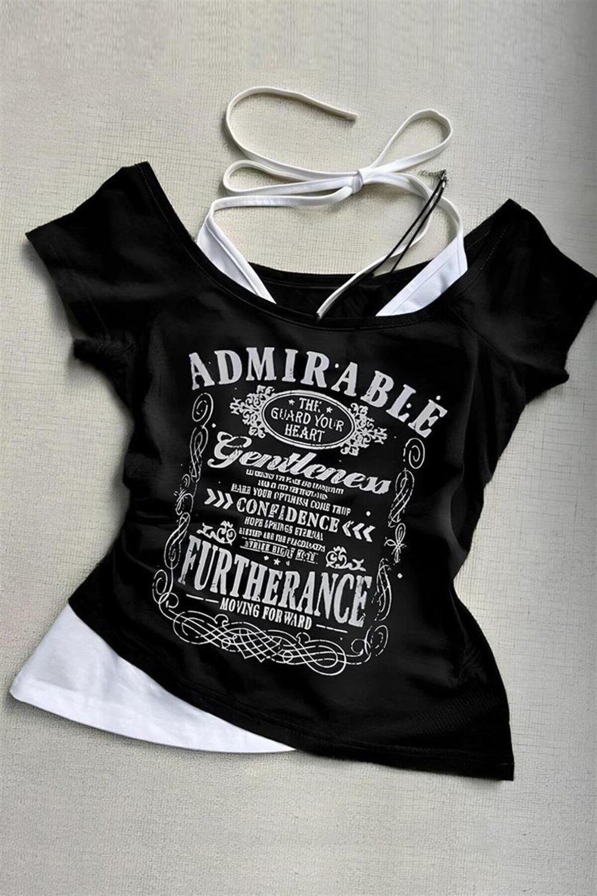 Siyah Admirable Madonna Yaka Ek Askılı Gotik Y2K Kısa Kollu Full Body Bluz