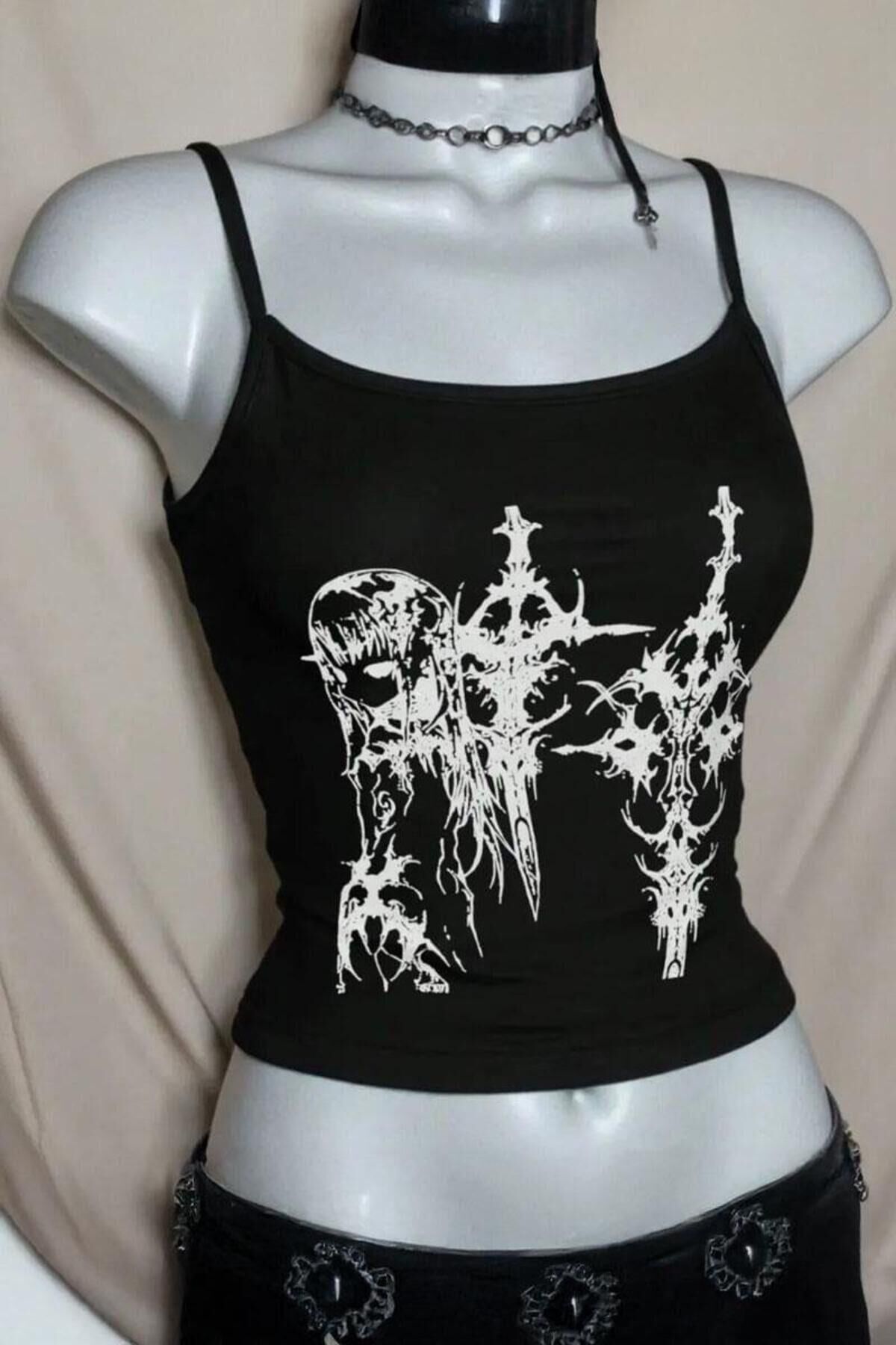 Siyah Gotik Vintage Skull Wings Grunge Cyber Full Body Askılı Crop