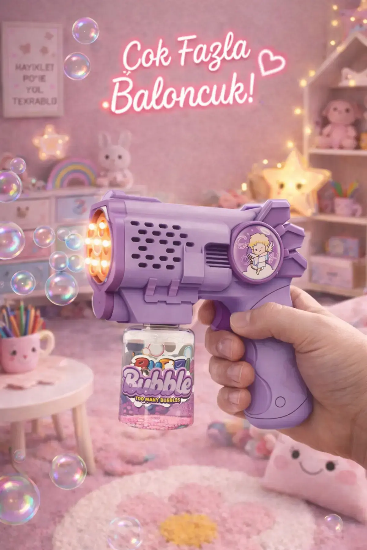 Mor Işıklı Çoklu Baloncuk Yapmak İçin Otomatik Bubble Gun Baloncuk Makinesi