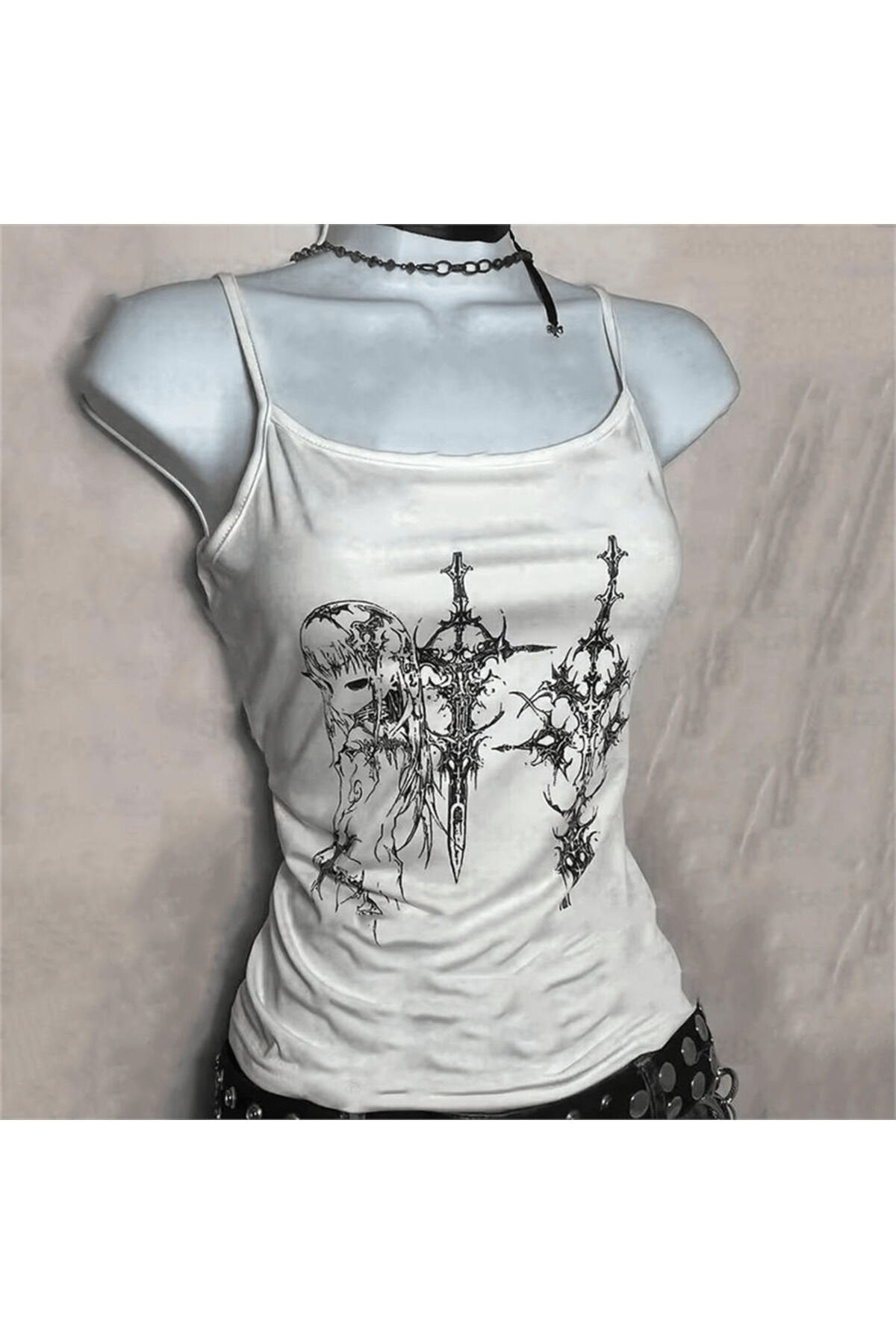 Beyaz Gotik Anime Sword Y2K Harajuku Askılı Crop
