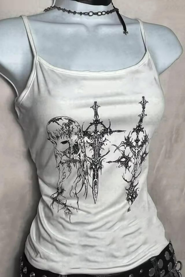Beyaz Gotik Anime Sword Y2K Harajuku Askılı Crop
