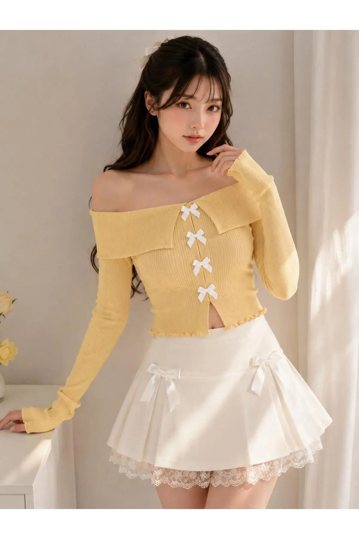 Coquette Lolita Madonna Yaka Fiyonk Detaylı Tam Boy Bluz