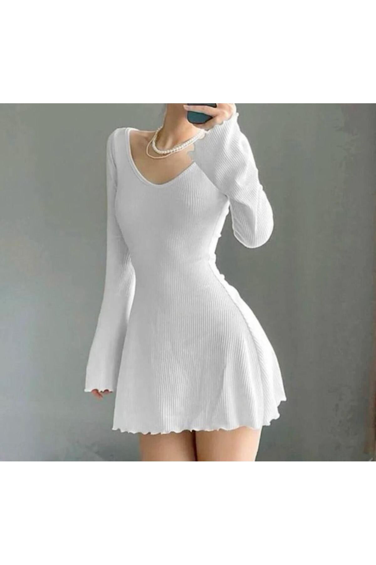 Likralı Lolita fairy Büzgülü Bitişli Kaşkorse Kumaş V Yaka Elbise Beyaz - XL