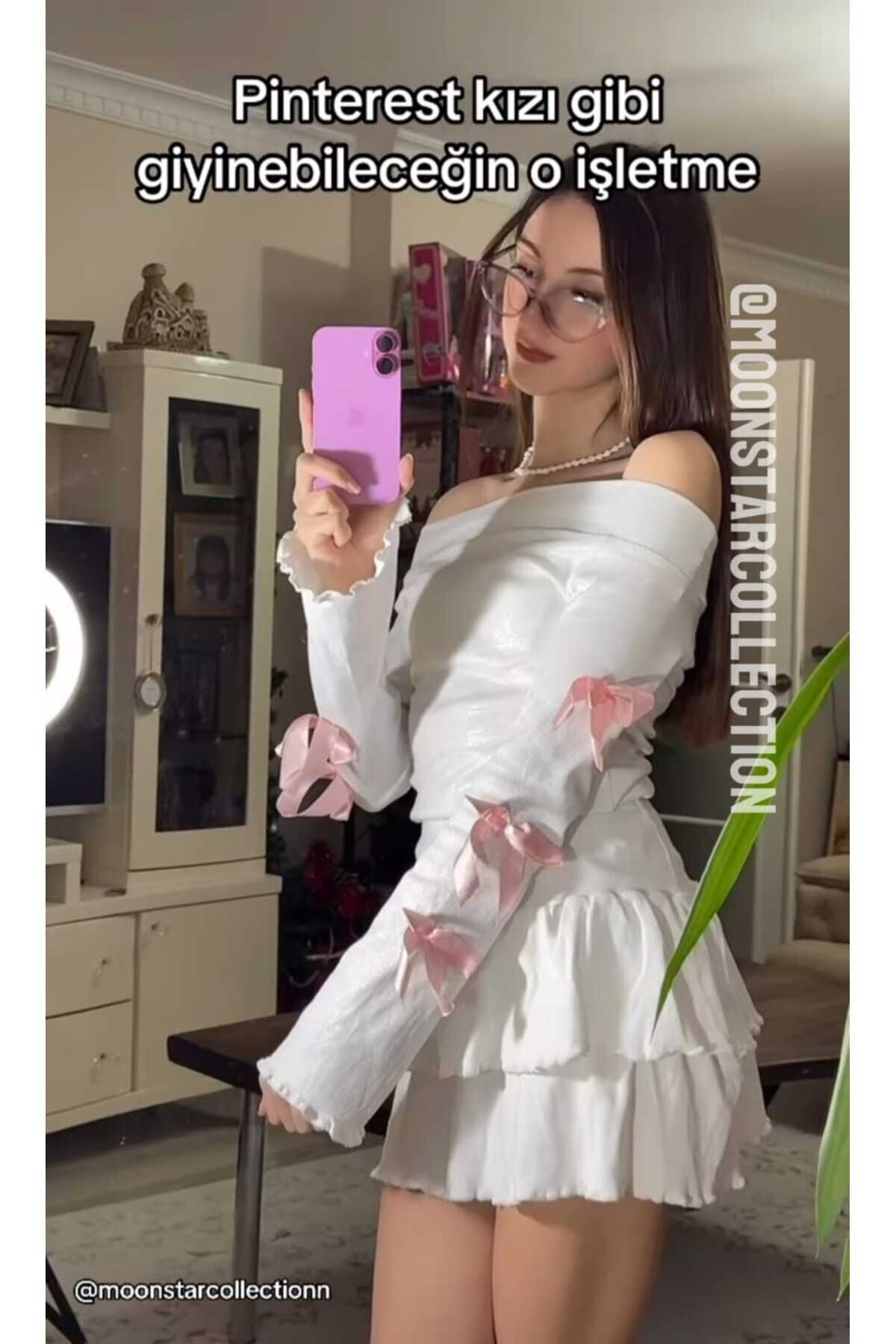 Kurdele Detaylı Kayık Yaka Uzun Kollu Bluz Pembe - M
