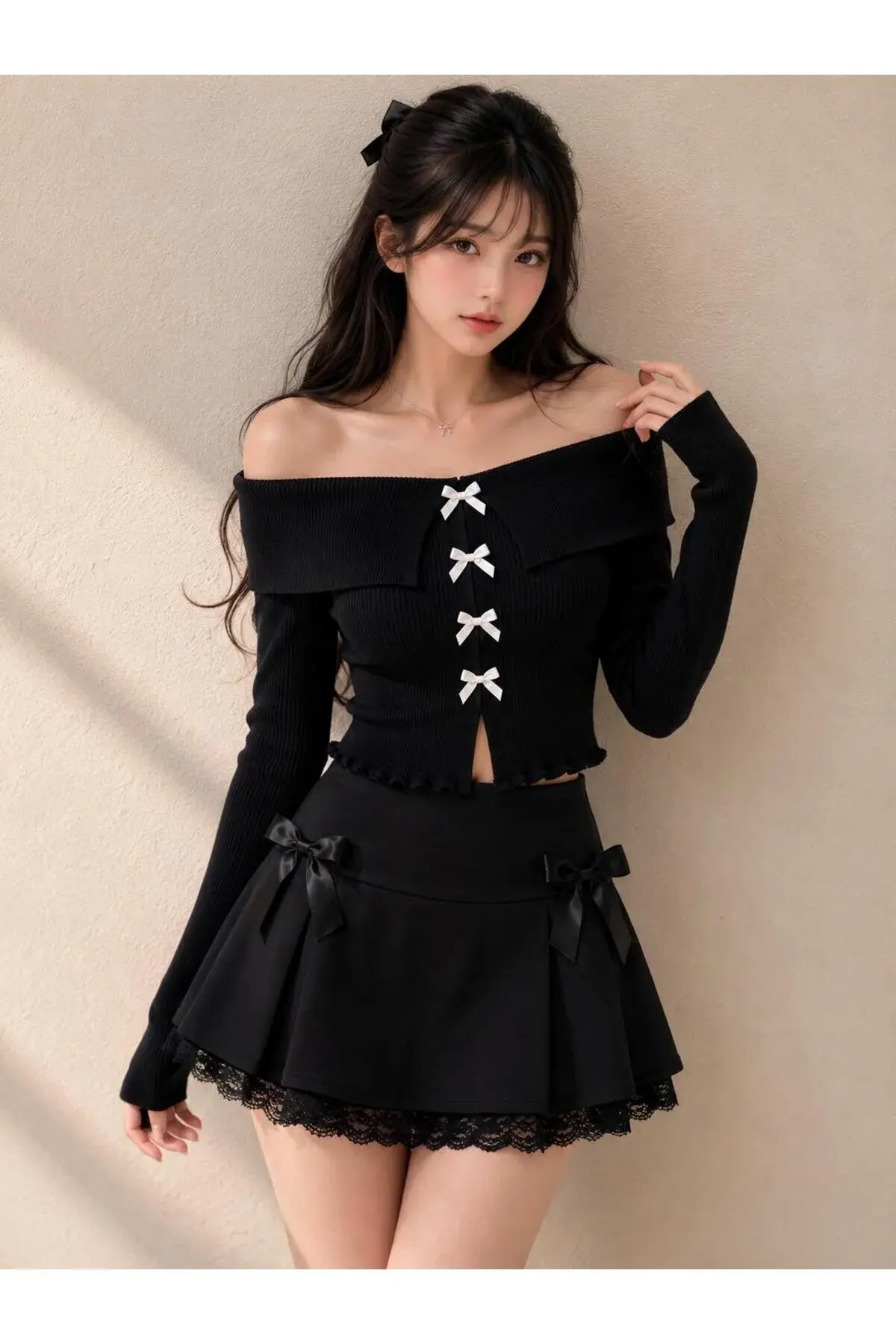 Coquette Lolita Madonna Yaka Fiyonk Detaylı Tam Boy Bluz