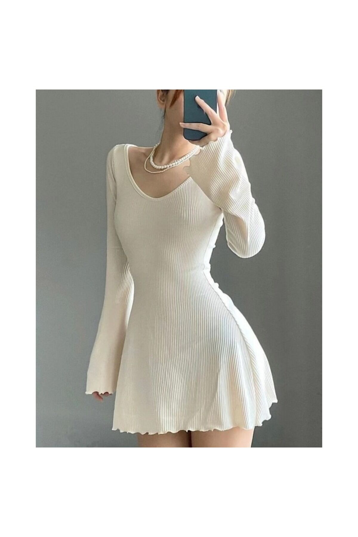 Likralı Lolita fairy Büzgülü Bitişli Kaşkorse Kumaş V Yaka Elbise Bej - XS