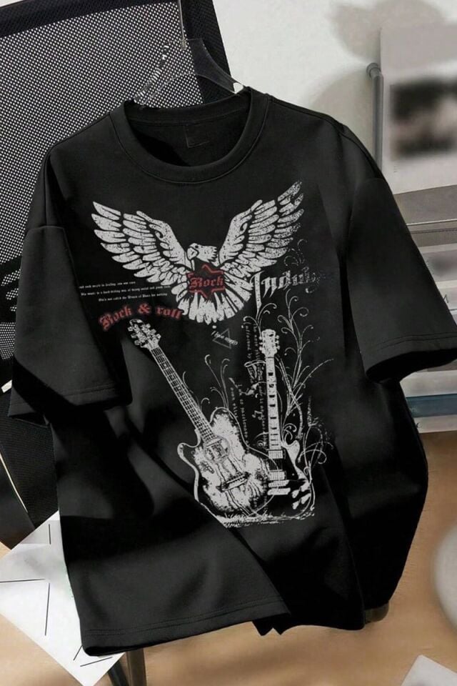 Siyah Rock&Roll Guitar Y2K Unisex T-Shirt