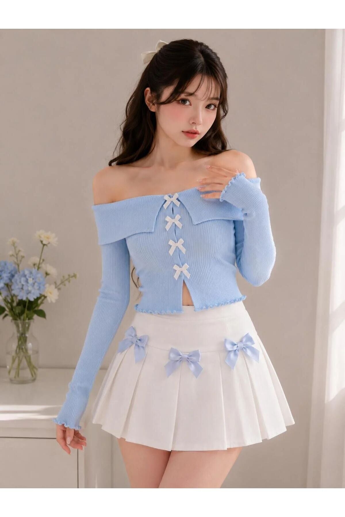 Coquette Lolita Madonna Yaka Fiyonk Detaylı Tam Boy Bluz