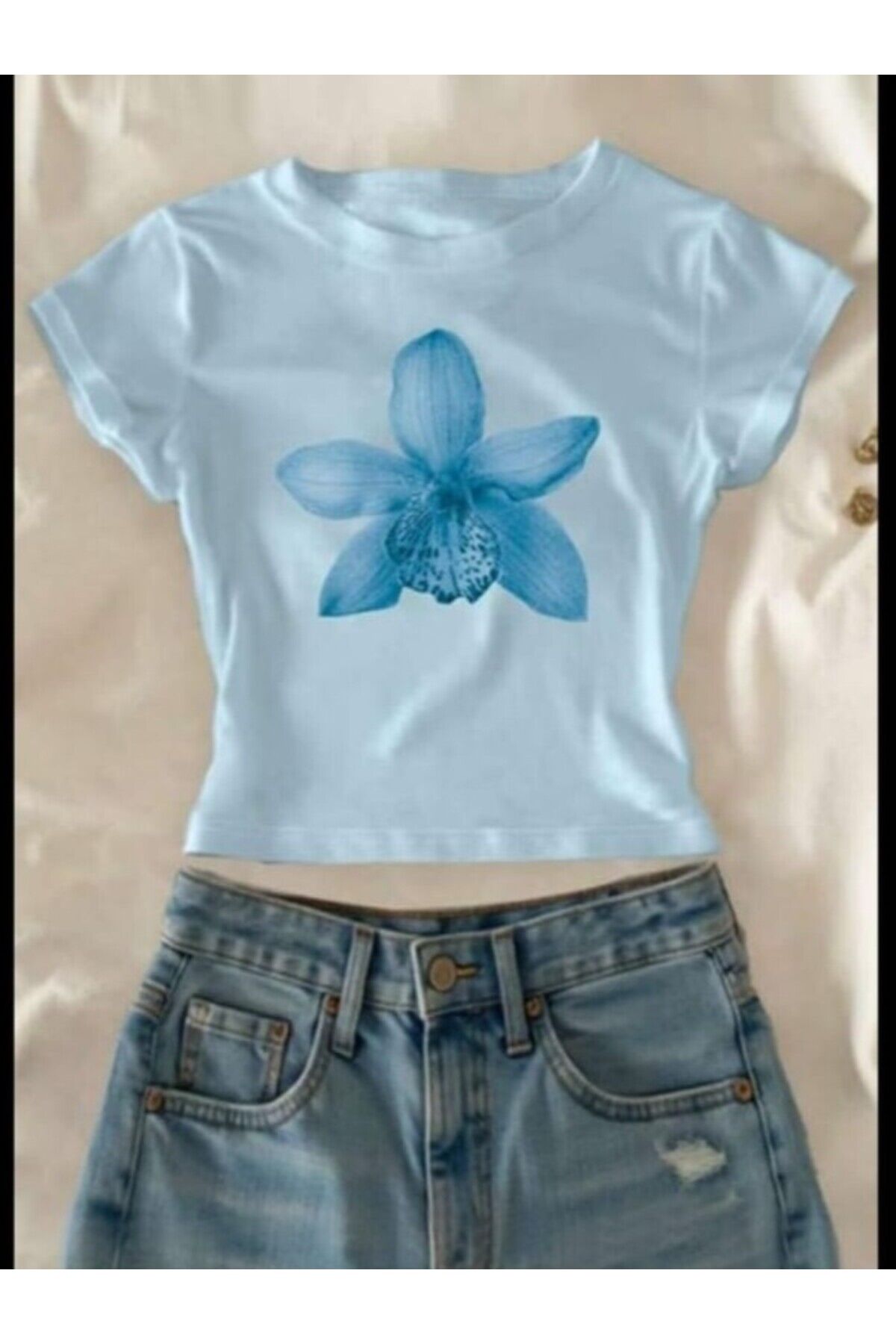 Mavi Lolita Orkide Detaylı Crop Bluz Mavi - L