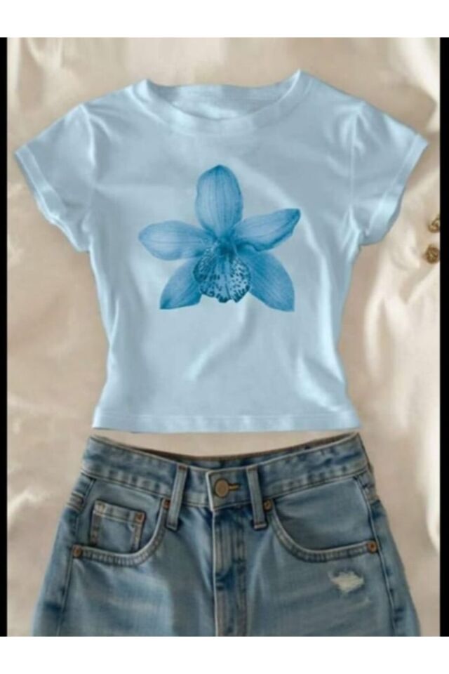 Mavi Lolita Orkide Detaylı Crop Bluz Mavi - M