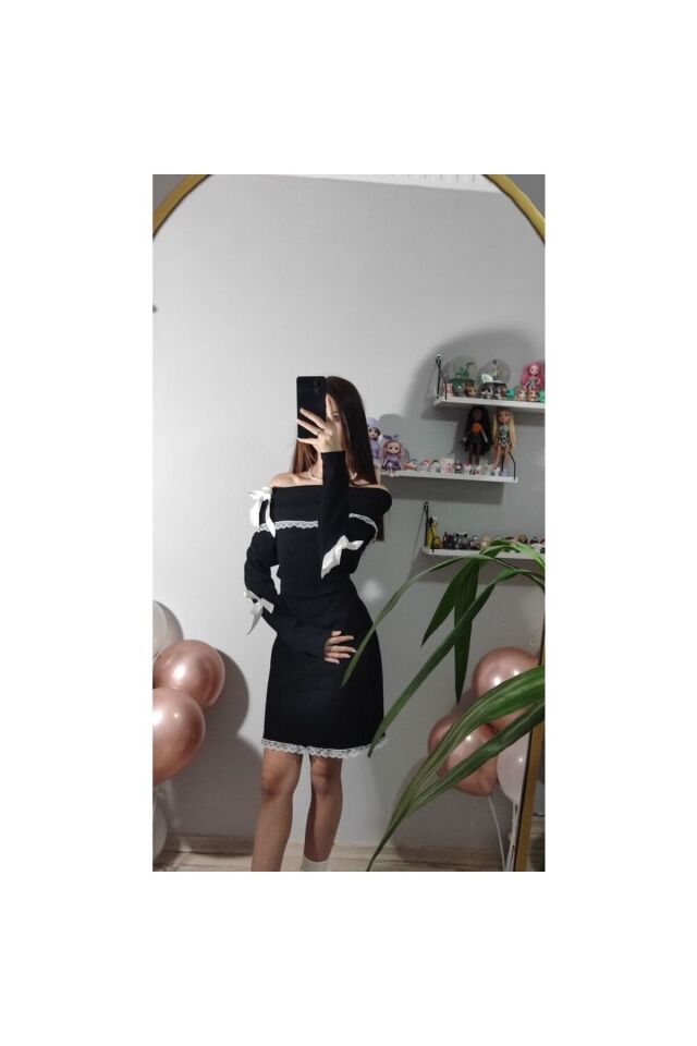 Madonna yaka coquette kışlık elbise Siyah - XL