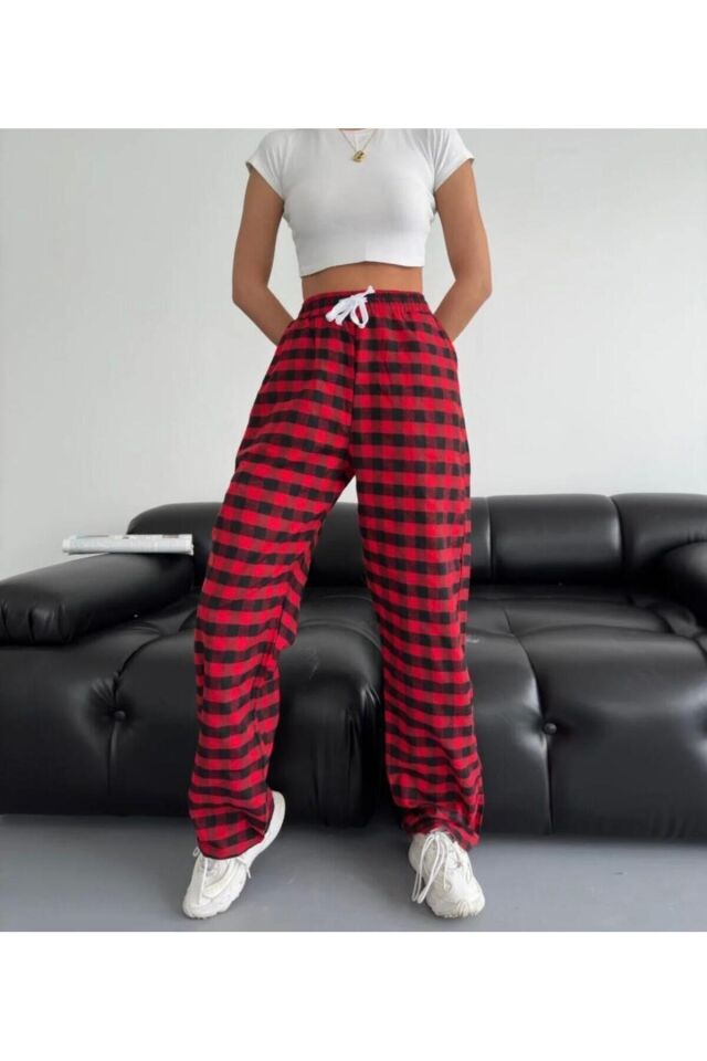 Ekose Viral Pinterest Patchwork Eşofman Altı Kırmızı - XL