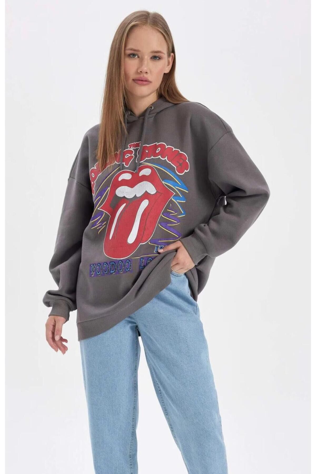 Gri cool Rolling Stones Smile Lip Kapüşonlu Sweatshirt
