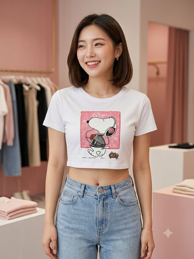Snoopy Baskılı Beyaz Crop