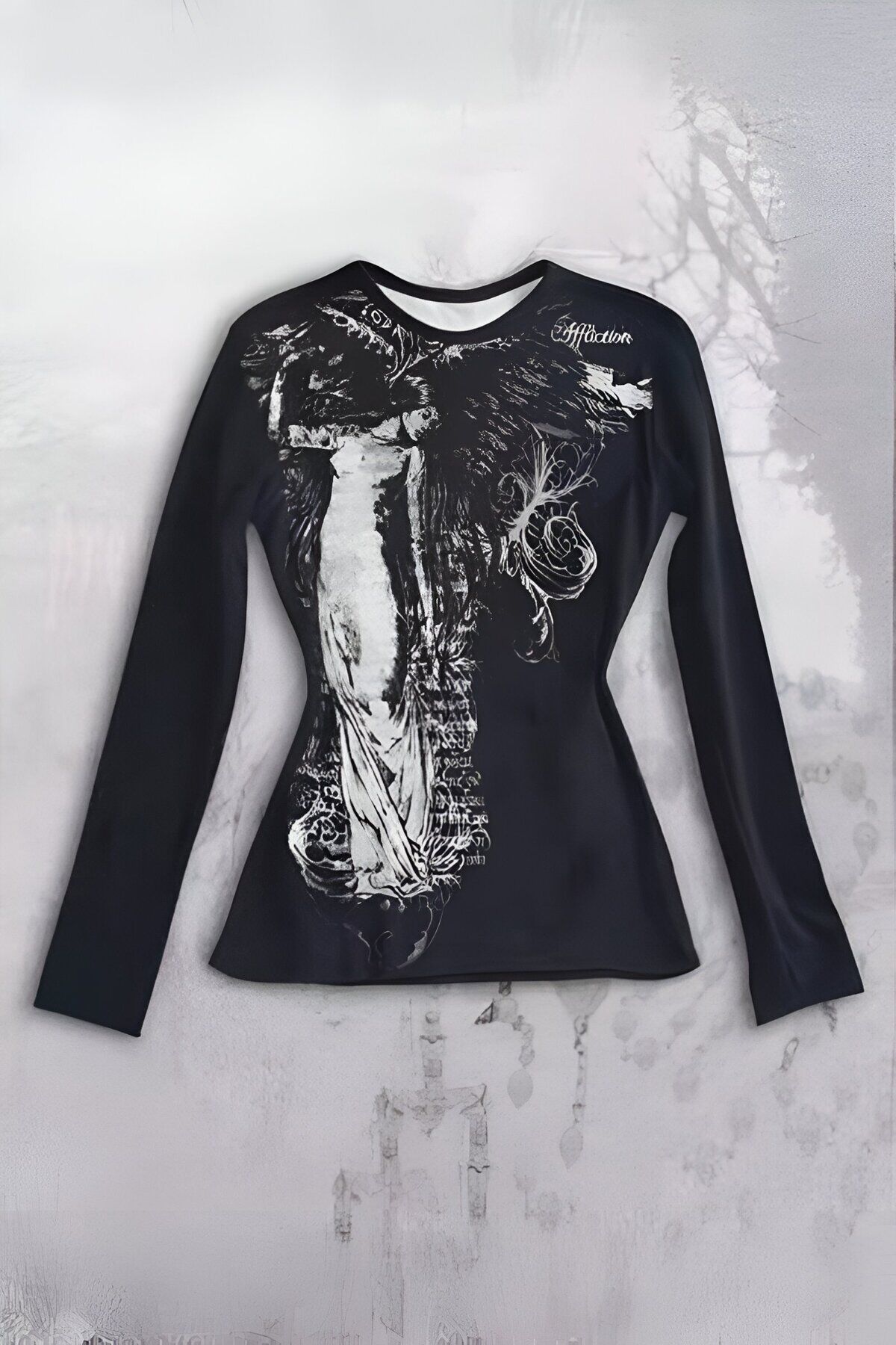 Siyah Vintage Angel Affliction Cyber Grunge Y2K Uzun Kollu Vücudu Saran Bluz