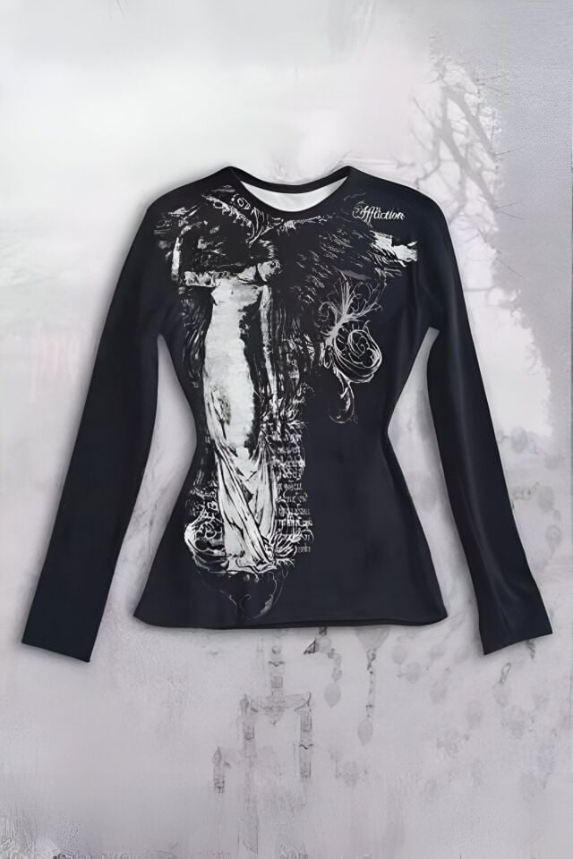 Siyah Vintage Angel Affliction Cyber Grunge Y2K Uzun Kollu Vücudu Saran Bluz