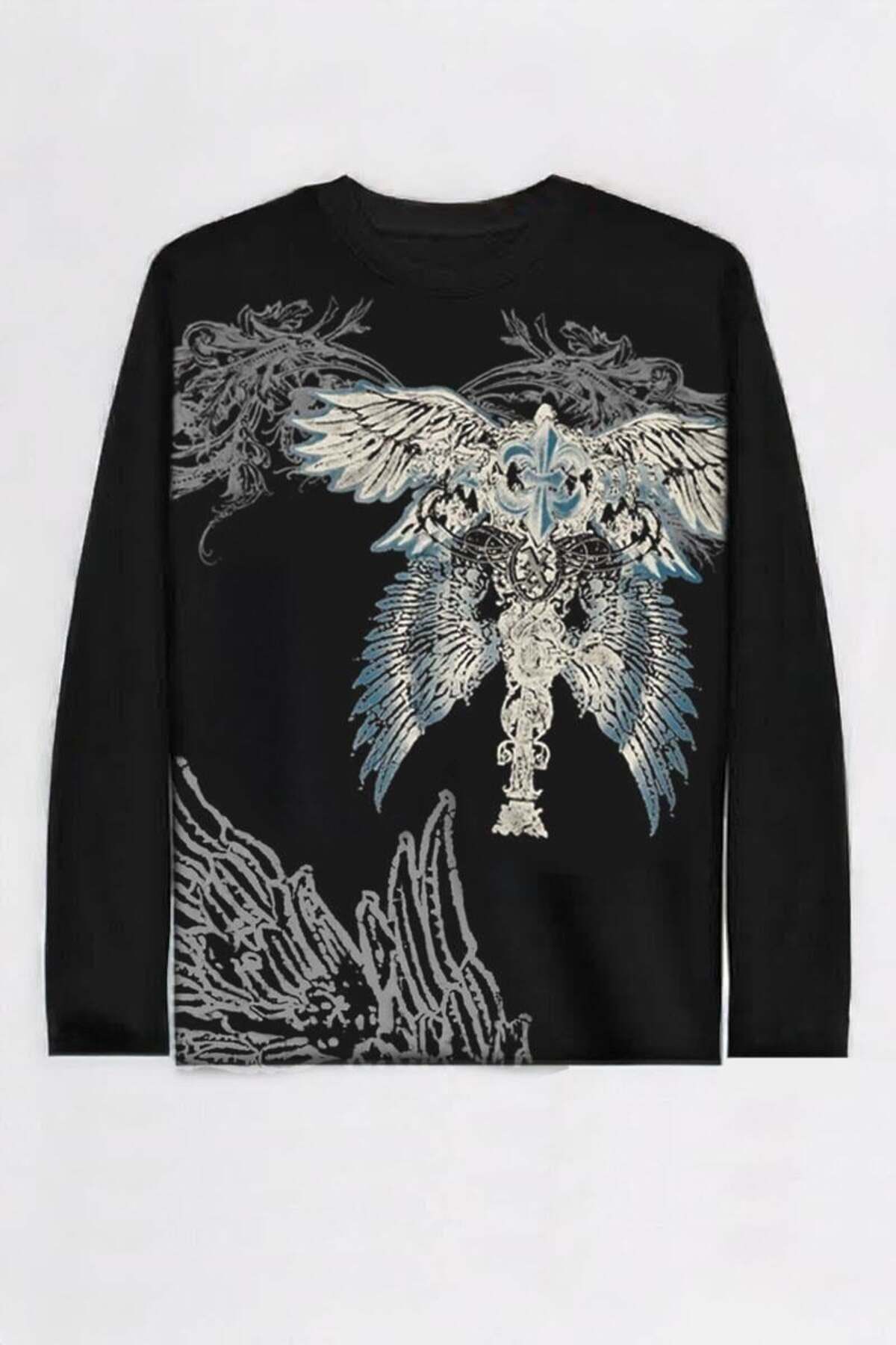 Siyah Gotik Wing Detaylı Y2K Unisex Sweatshirt