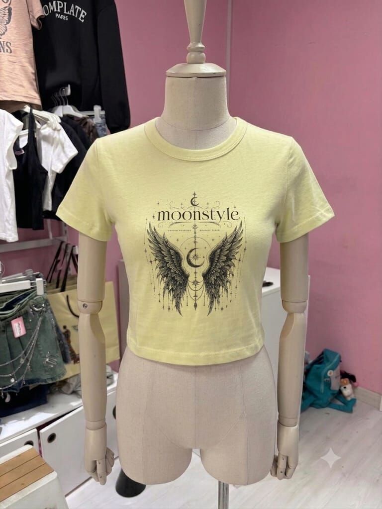 Sarı Moonstyle Melek Kanat Baskılı Crop
