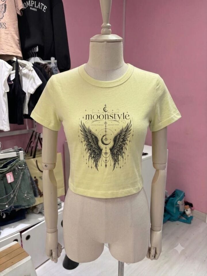 Sarı Moonstyle Melek Kanat Baskılı Crop
