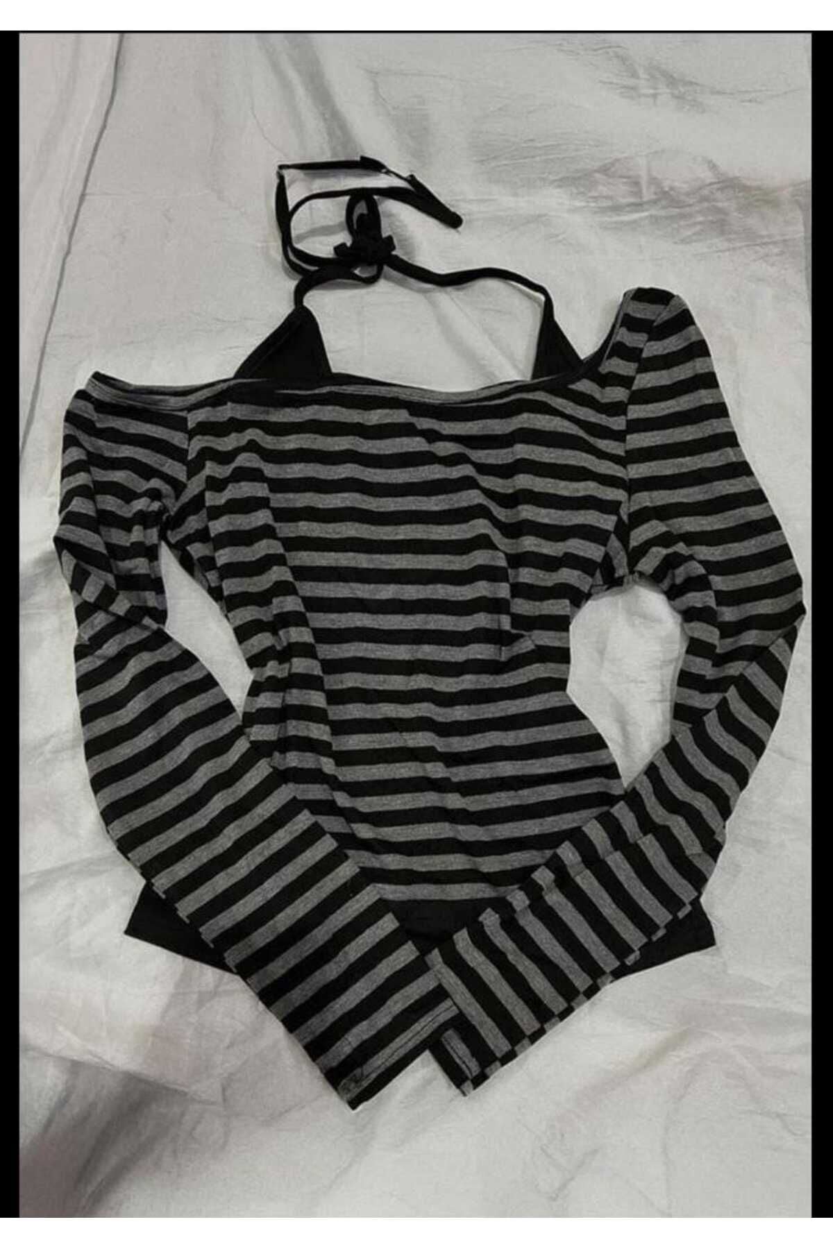 Siyah Antrasit Gotik Grunge Ek Askılı Açık Omuz Uzun Kollu Bluz