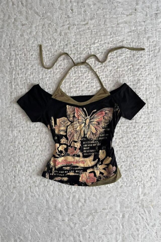 Siyah Butterfly Madonna Yaka Ek Askılı Y2K Kısa Kollu Full Body Bluz Siyah - M