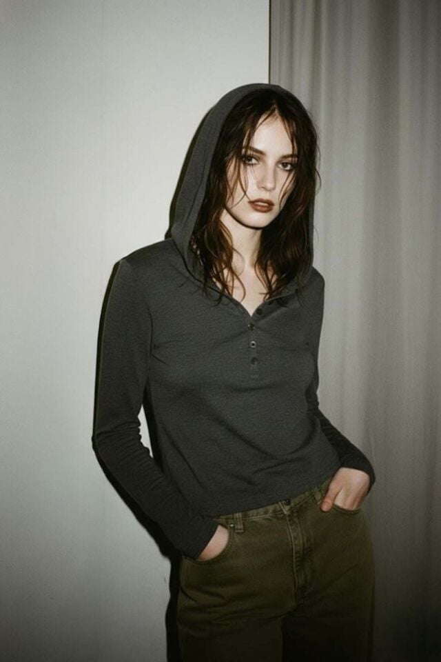 Antrasit Henley Yaka Y2K Kapüşonlu Uzun Kollu Crop bluz