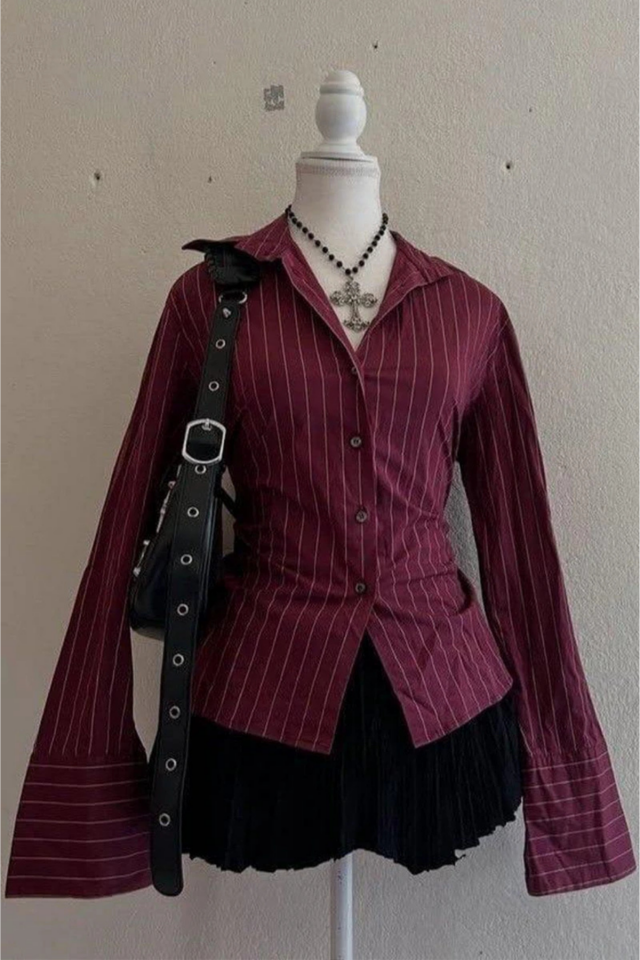 Vintage Bordo Çizgili  Mini Puff Sleeve Goth Y2K Uzun Kollu Gömlek