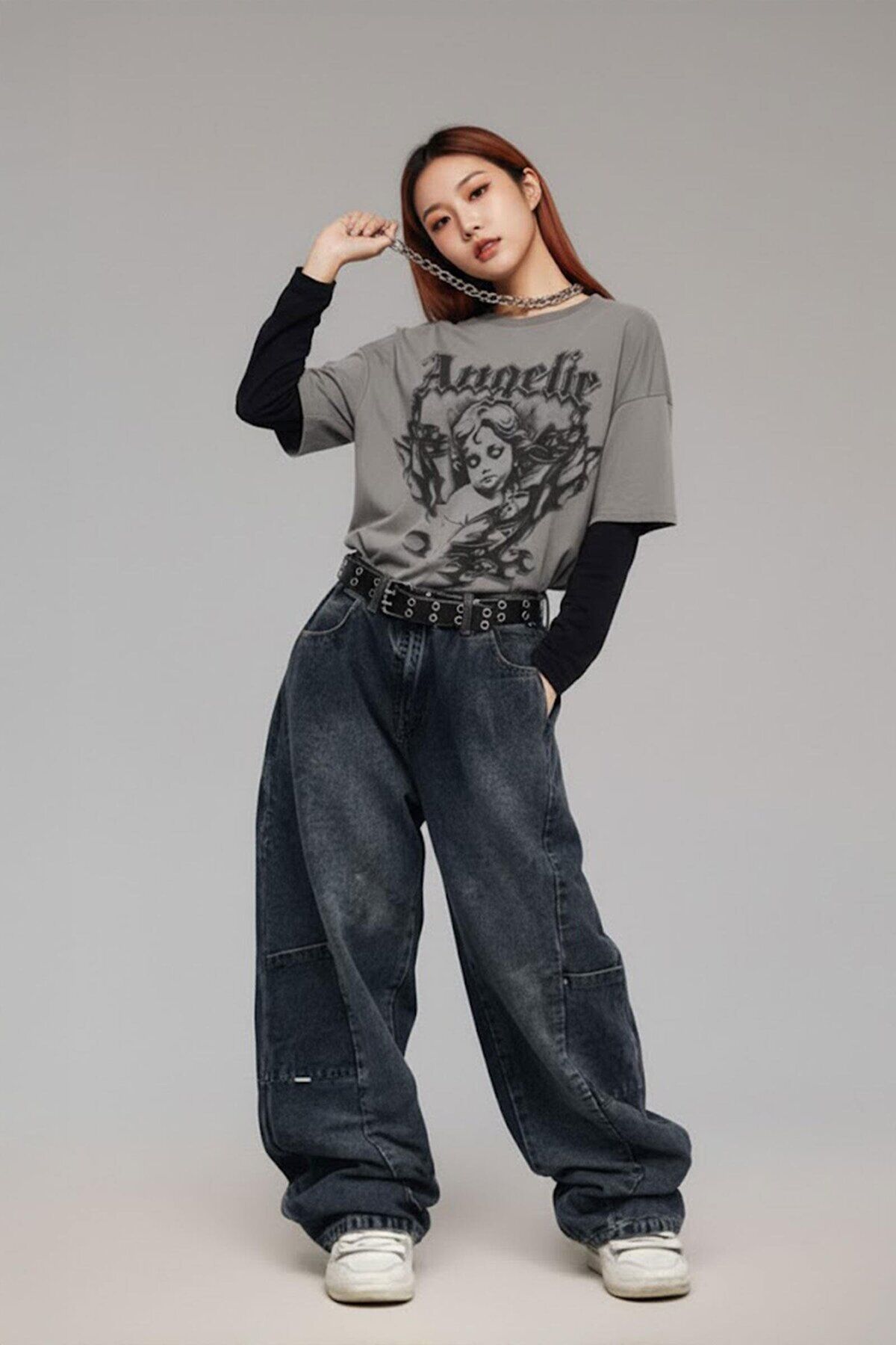 Füme Gotik Angelic Harajuku Siyah Kollu Y2K Uzun Kollu Bluz