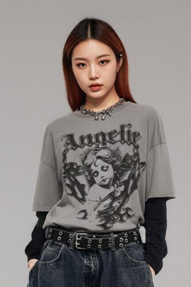 Füme Gotik Angelic Harajuku Siyah Kollu Y2K Uzun Kollu Bluz