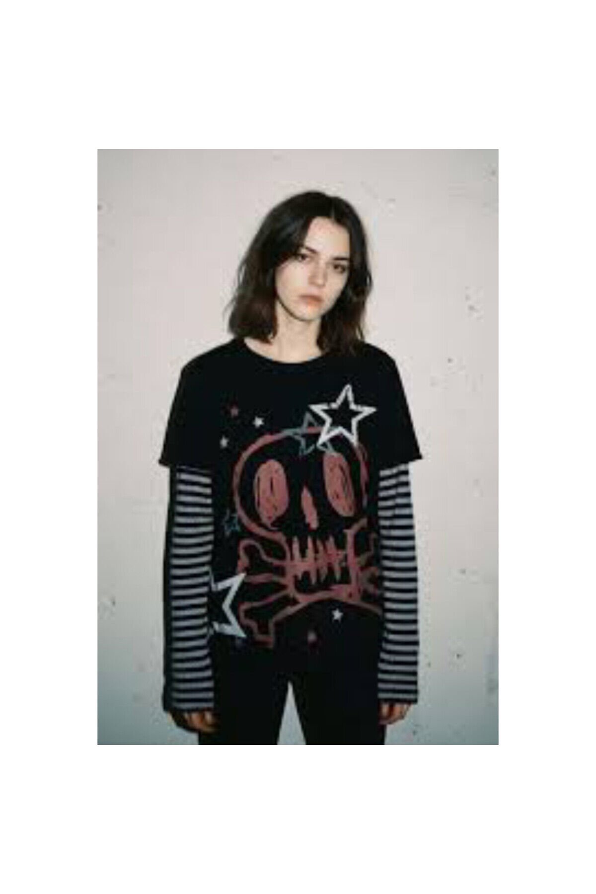 Siyah Skull Stars Çizgili Kollu Y2K Unisex Uzun Kollu Oversize Bluz