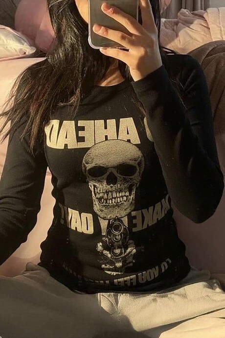 Siyah Gotik Harajuku Go Ahead Make My Day Y2K Uzun Kollu Bluz