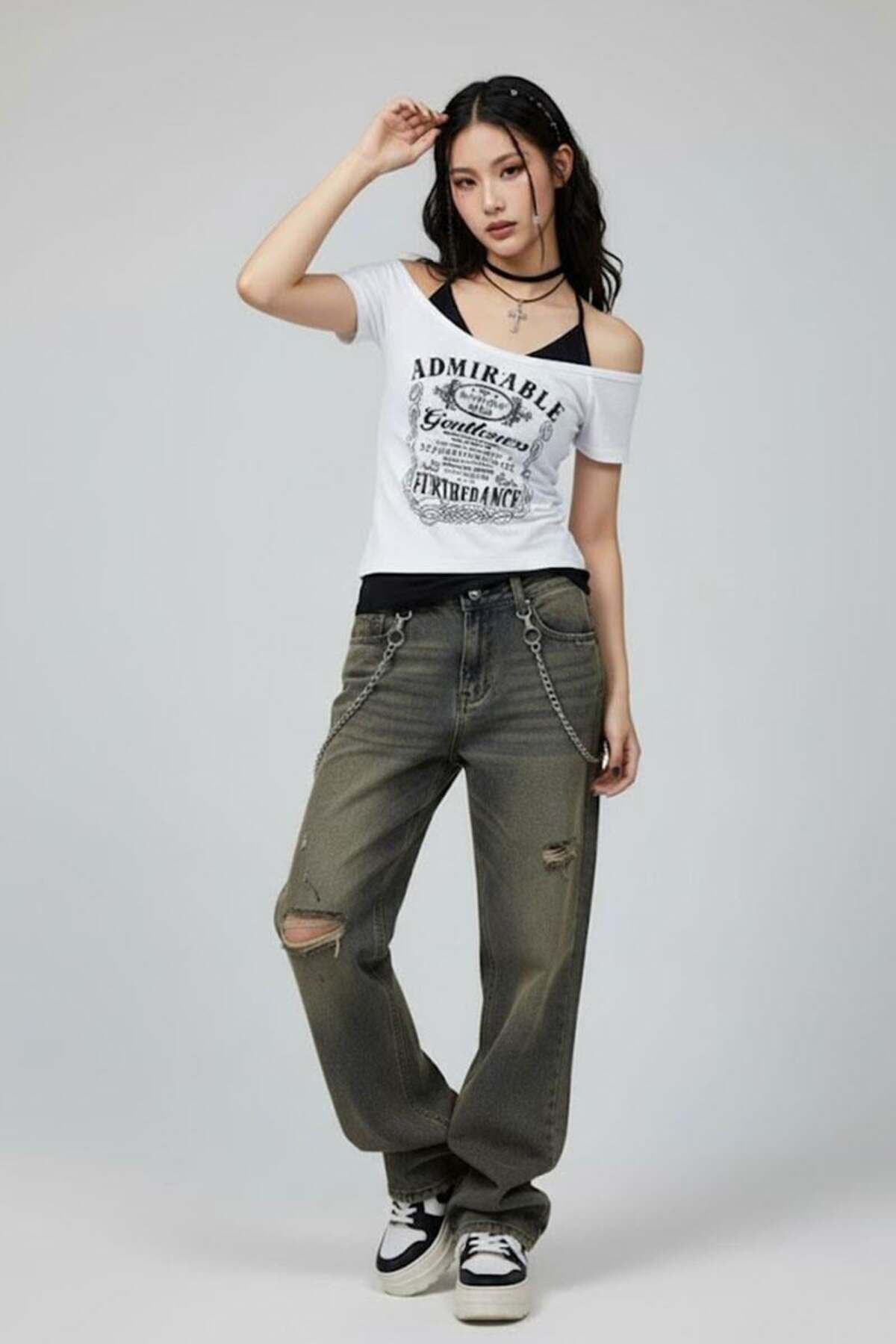 Siyah Admirable Madonna Yaka Ek Askılı Gotik Y2K Kısa Kollu Full Body Bluz Beyaz - S