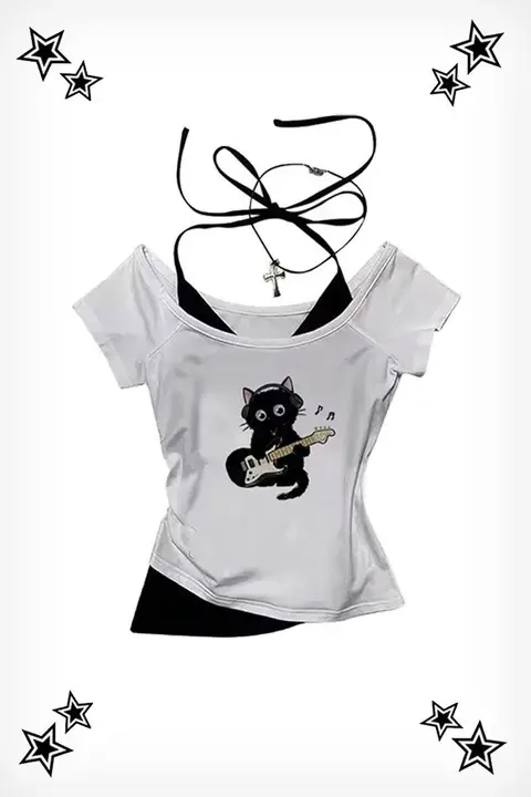 Beyaz Guitar Cat Madonna Yaka Y2K Ek Askılı Kısa Kollu Bluz