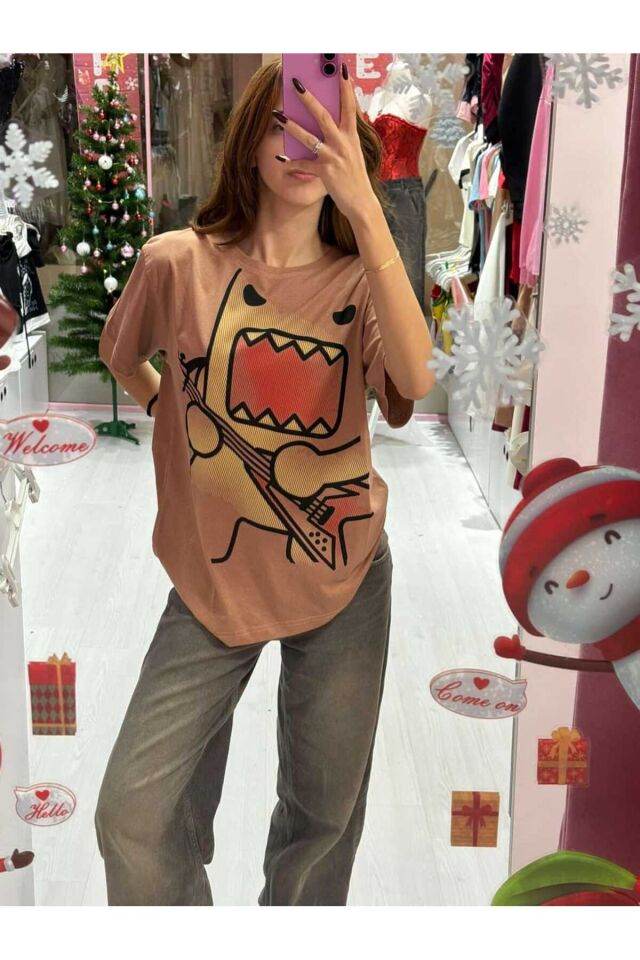 Domo Kunn Gitarlı Oversize Kısa Kollu Y2K Kahverengi Bluz Kahverengi - M