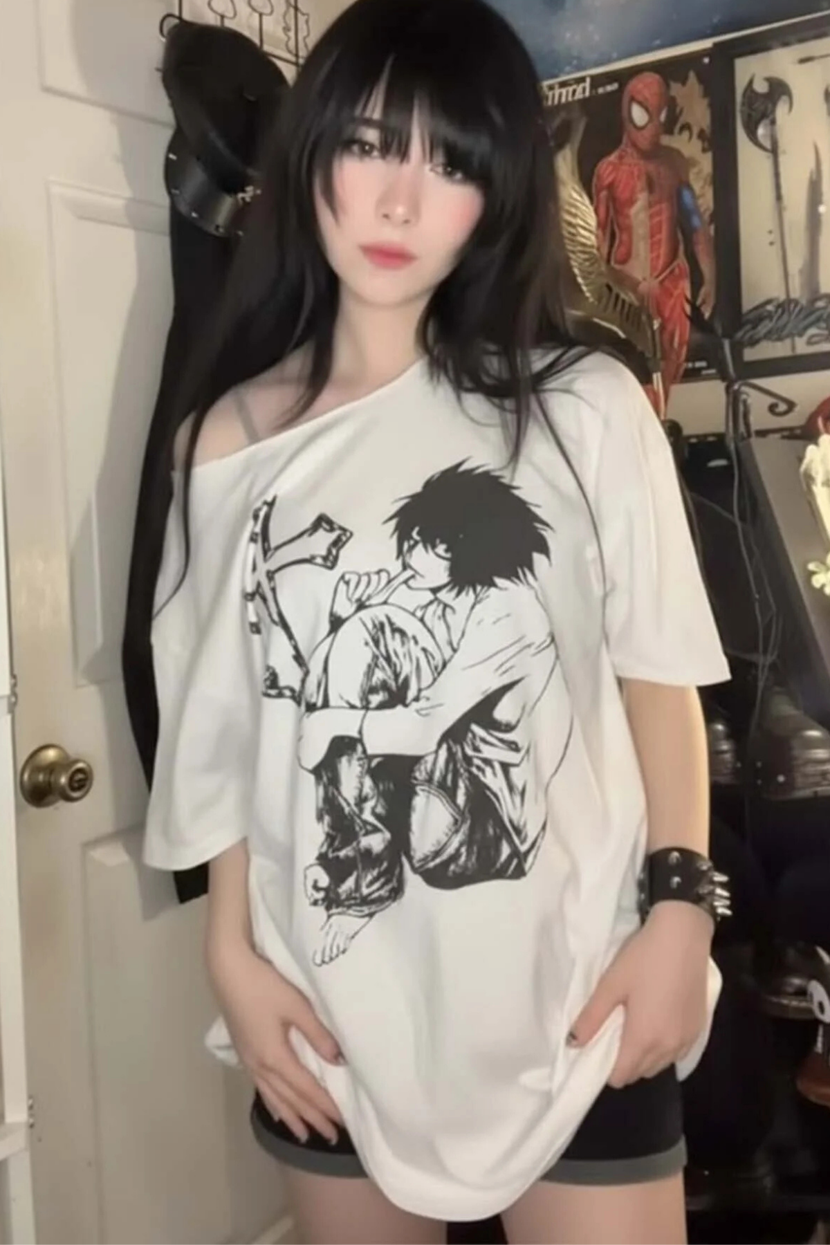 Beyaz Anime Death Note L Cross Y2K Kısa Kollu Off-Shoulder T-Shirt