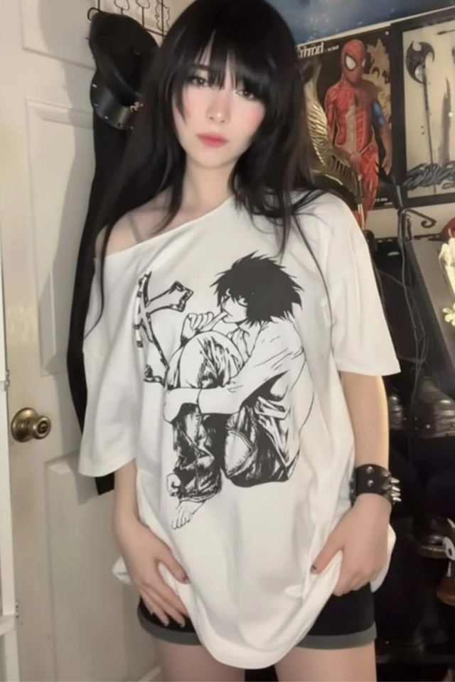 Beyaz Anime Death Note L Cross Y2K Kısa Kollu Off-Shoulder T-Shirt