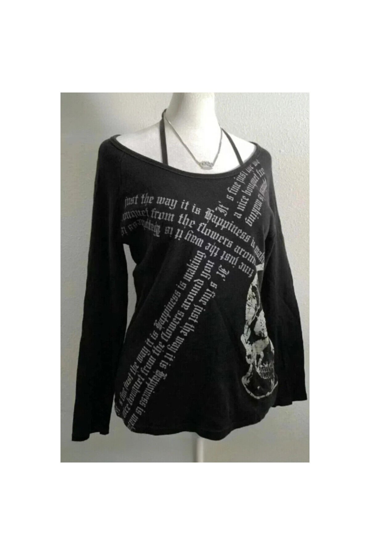 Harmony Factory Boyundan Bağlamalı Siyah Gotik Skull Askılı Y2K Uzun Kollu Crop Bluz