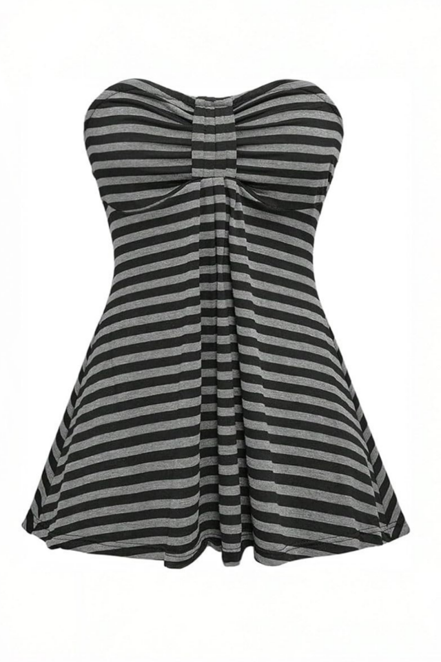 Siyah Antrasit Çizgili Twist Y2K Straplez Crop Bluz