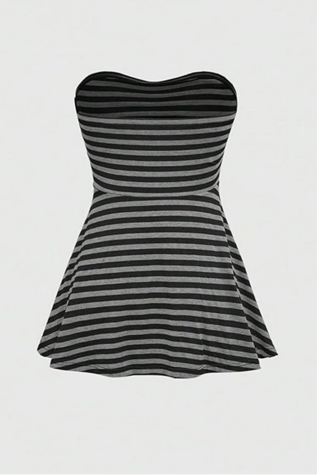 Siyah Antrasit Çizgili Twist Y2K Straplez Crop Bluz