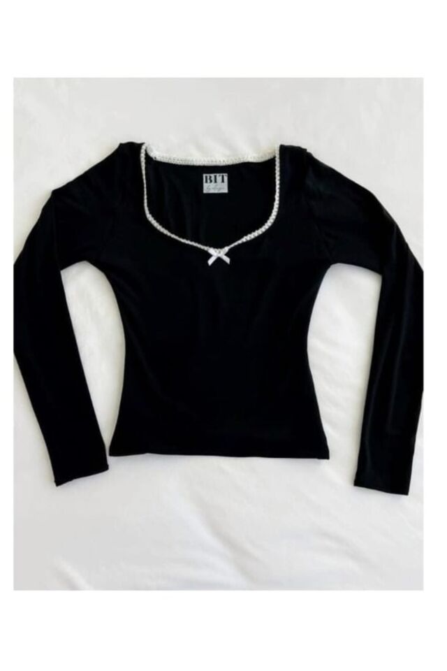 Coquette Lolita Pinterest tam boy dantel detaylı bluz Siyah - 2XL