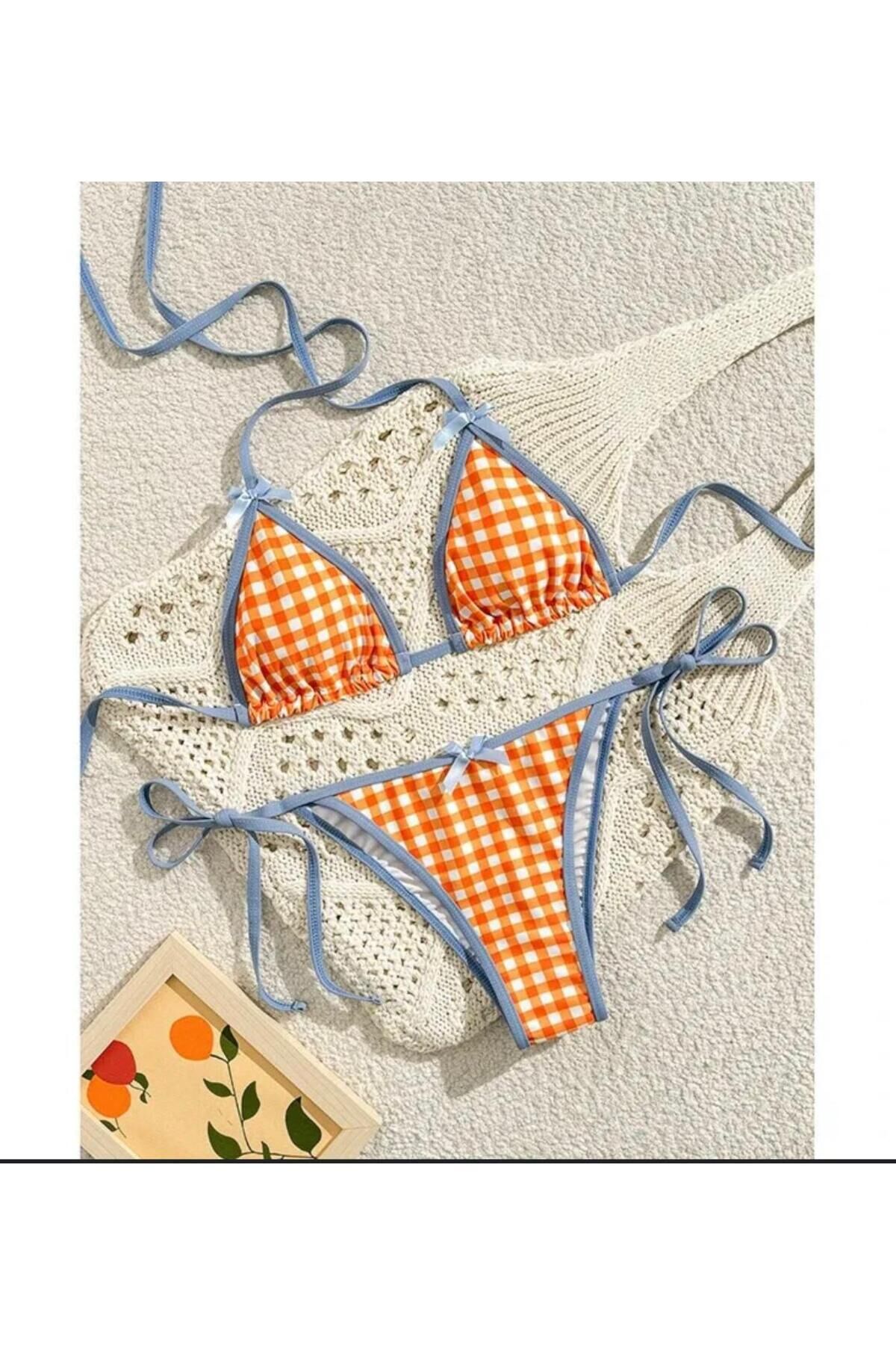 Pinterest Coquette Lolita Turuncu Ekoseli Mavi ipli Bikini Takımı