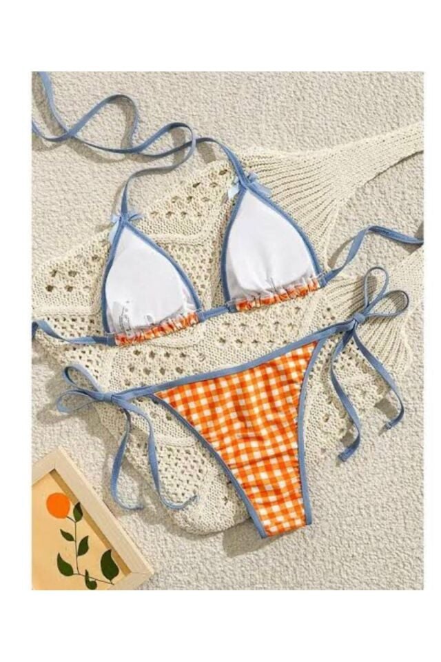 Pinterest Coquette Lolita Turuncu Ekoseli Mavi ipli Bikini Takımı