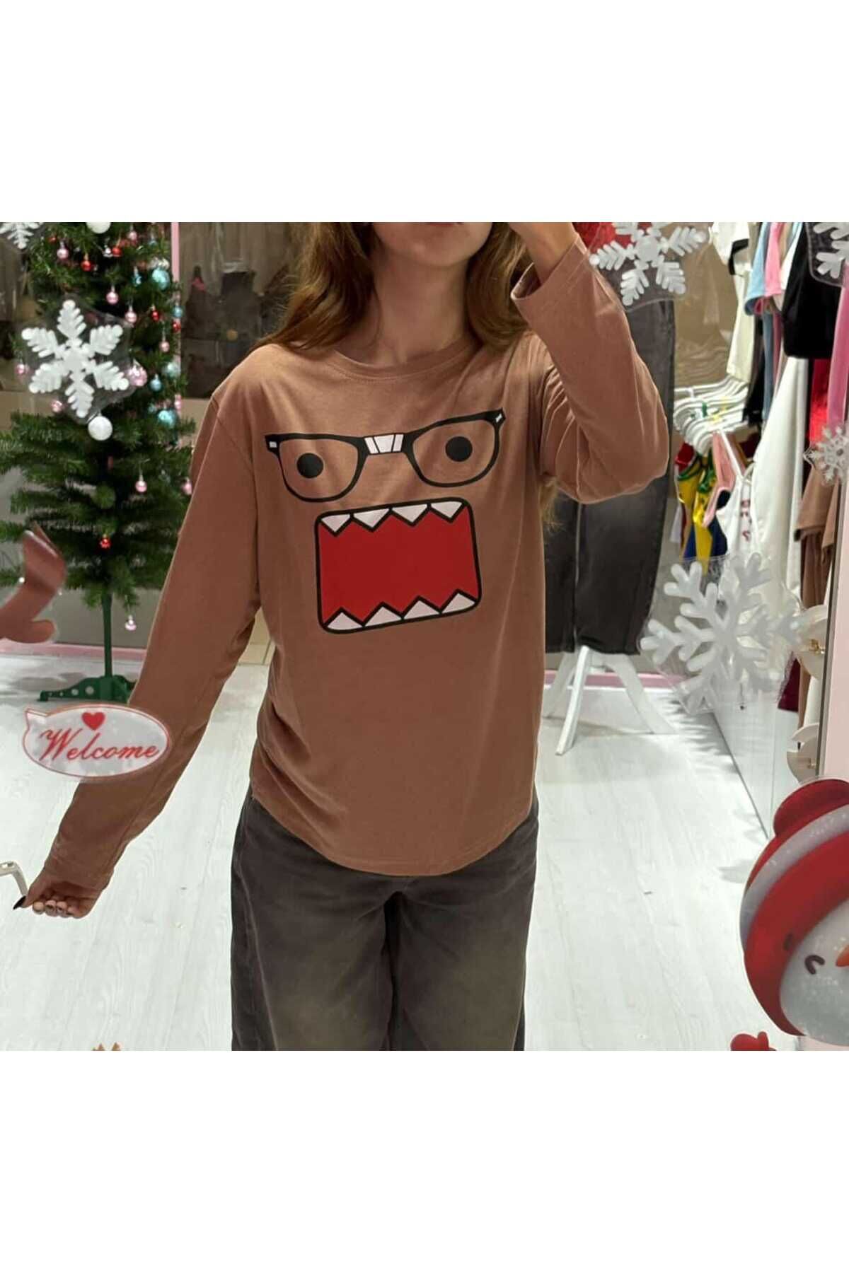 Domo Kunn Gözlüklü Oversize Uzun Kollu Y2K Kahverengi Bluz Kahverengi - XL