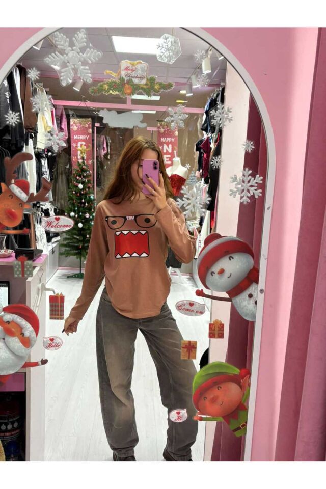 Domo Kunn Gözlüklü Oversize Uzun Kollu Y2K Kahverengi Bluz Kahverengi - XL