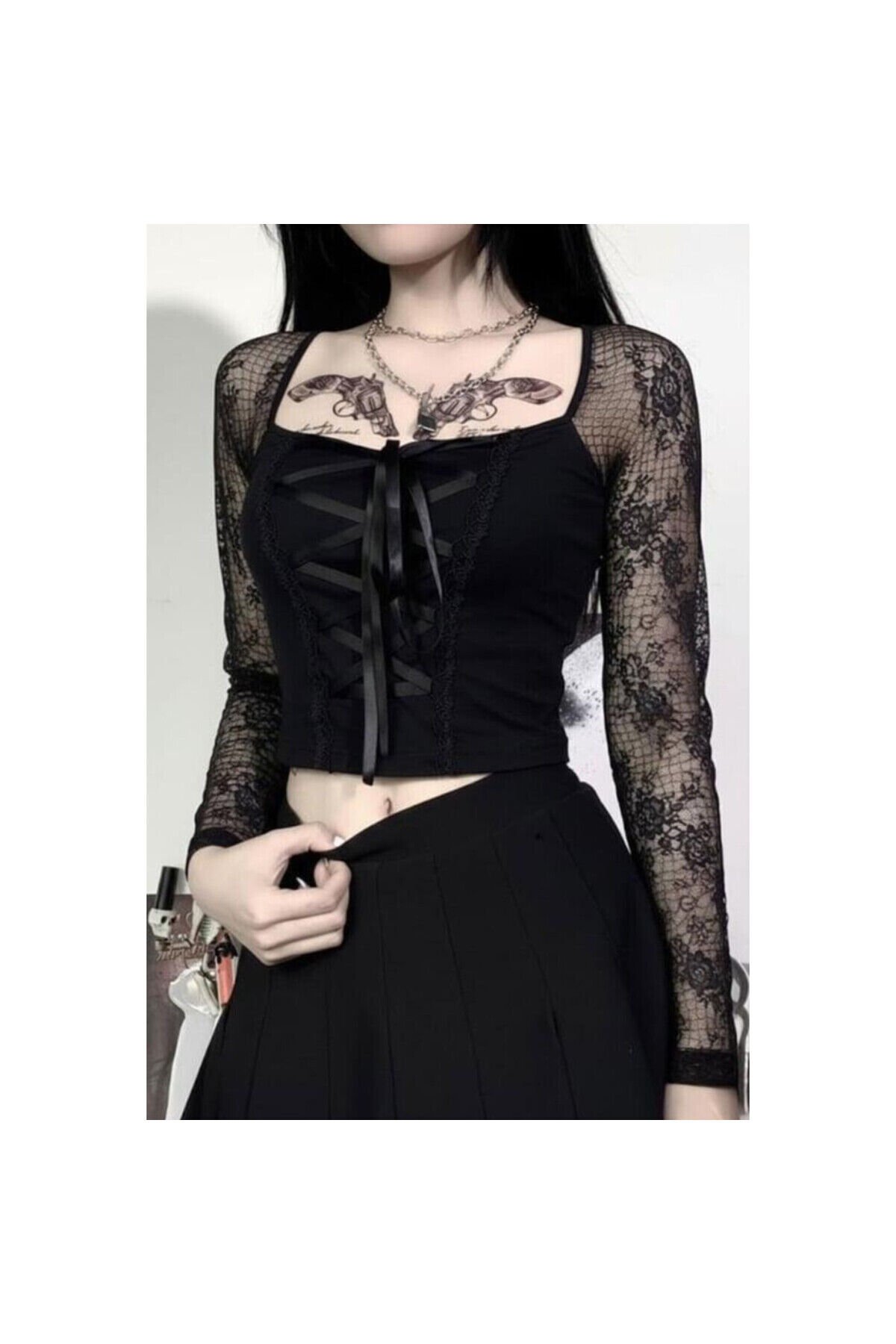 Siyah Harajuku Fashion Gotik Detaylı Y2K Uzun Kollu Crop bluz