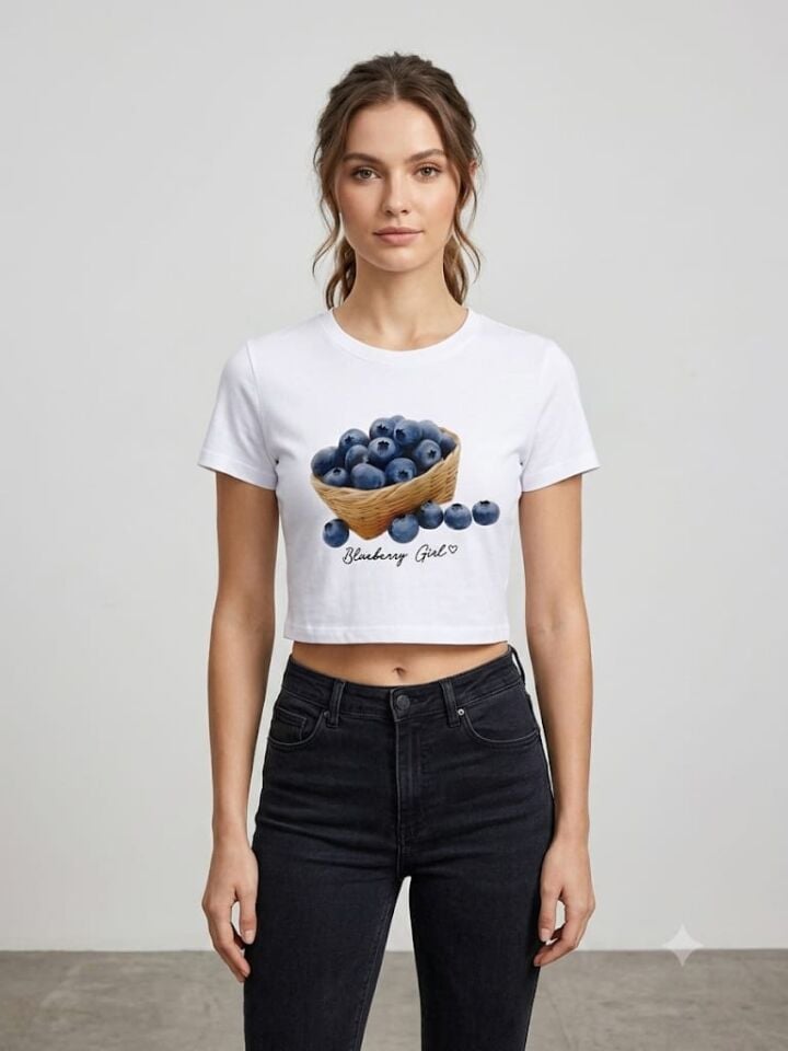 Vintic Beyaz Blueberry Gril Baskılı Crop