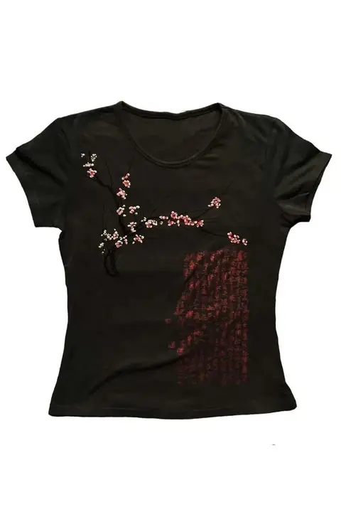 Siyah Japanese Sakura Tree Gotik Y2K Kısa Kollu Crop